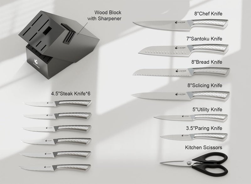 Livtek Knife Set with Block - Kitchen Knife Set German High-Carbon Stainless Steel with Built-in Sharpener - Full Tang Ergonomic Handle - Anti-Rust & Ultra Sharp - 15-Piece Set, Galaxy Series - Image 3